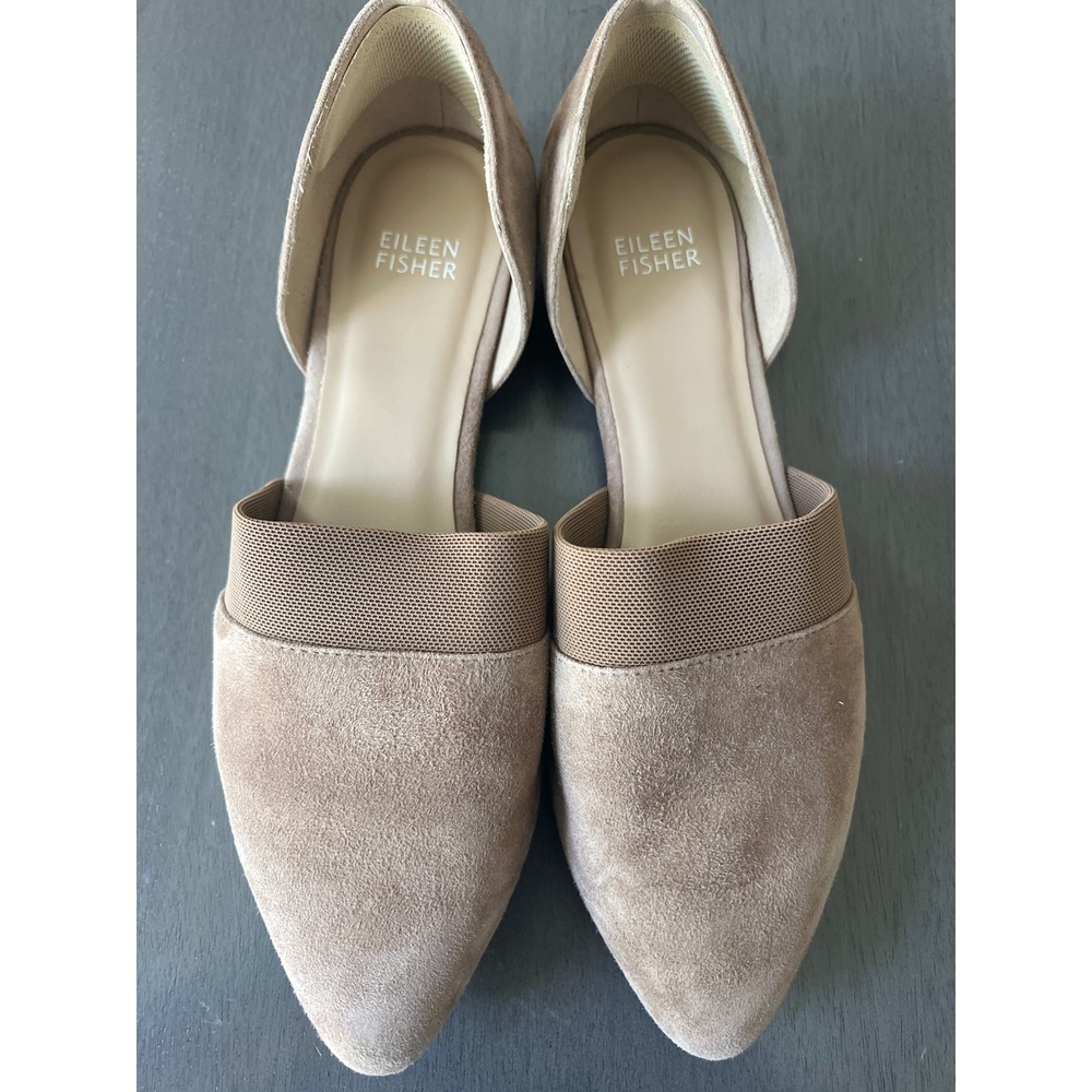 Eileen Fisher Tan Suede Pointed Toe d'Orsay Flats Elastic Strap Trim 8.5 Italy